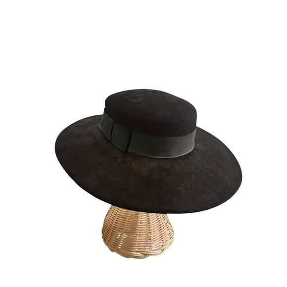 Vintage Black Wide Brim Flat Top Boater Hat Wool Felt Church Derby Size 22 main image 4